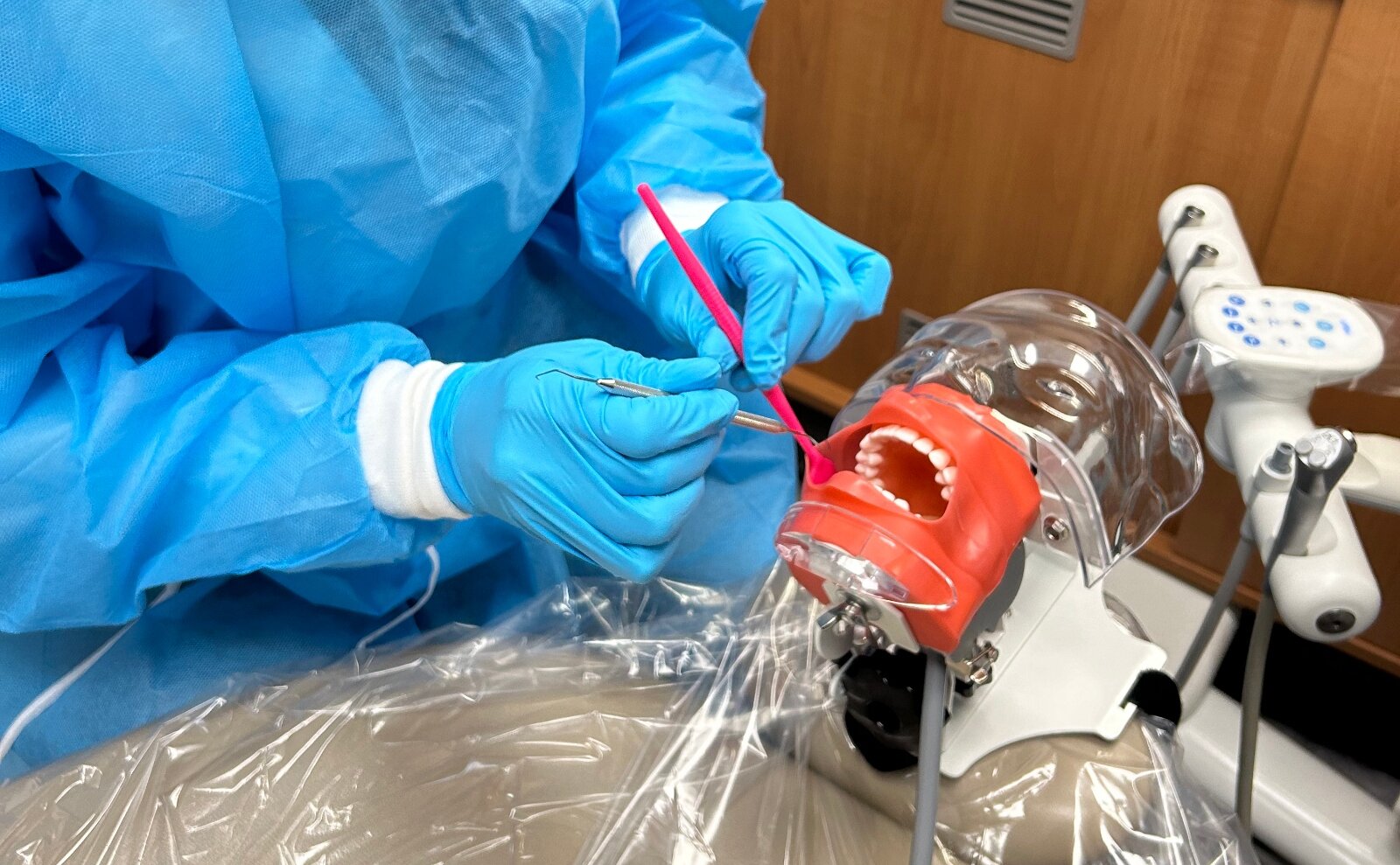 A Walker Career Center student practices checking teeth. 
