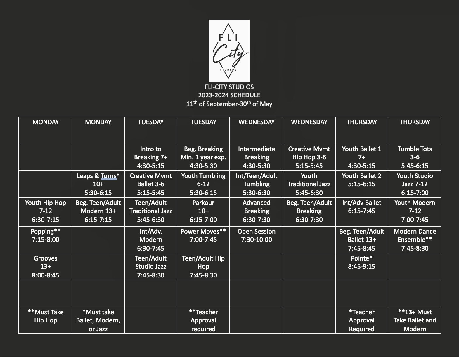 FLI-City Studios' Fall/Spring schedule (Starting the week of 9/11/23).