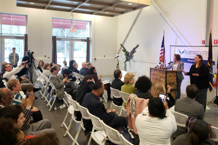 Flint Mayor Karen Weaver addresses the crowd gathered to celebrate the official launch of the Flint Registry Jan. 18, 2019, at the Flint Farmers' Market.