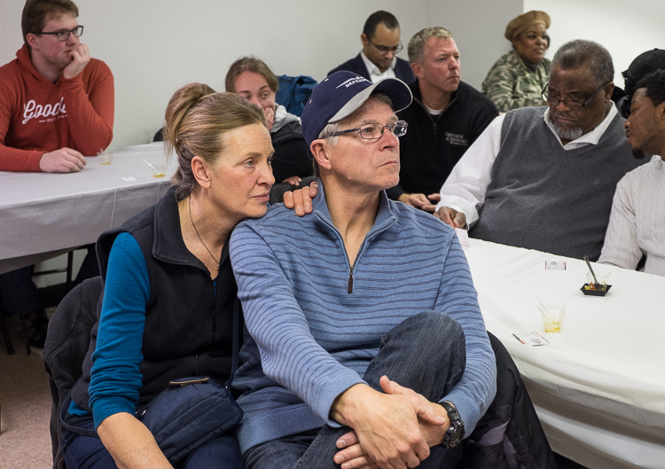 Roger and Helen Shuttleworth of Oxford, parents of Flint SOUP leader James Shuttleworth, listen to presentations at the Flint SOUP event in January 2018 at the Church of the Harvest International  in Flint.