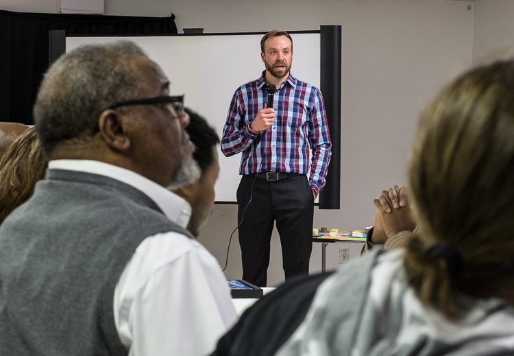 Flint SOUP leader James Shuttleworth speaks with those in attendance at the Flint SOUP event in January.