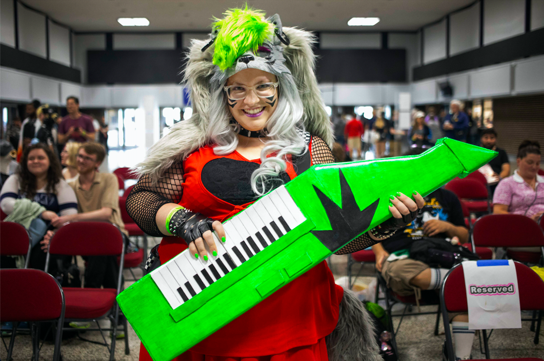 Heather Rieger cosplays as Roxy from “Five Nights at Freddy’s” during Really Cool Comic Con on Sunday, Aug. 6, 2023, at the Dort Financial Center in Flint.