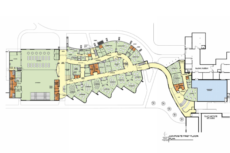 The floor plan for the first floor of the Flint Cultural Center Academy. The building is linked to the Flint Institute of Music. 