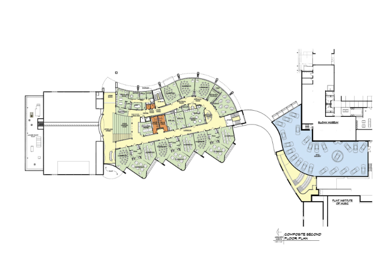 The floor plan for the second floor of the Flint Cultural Center Academy. 