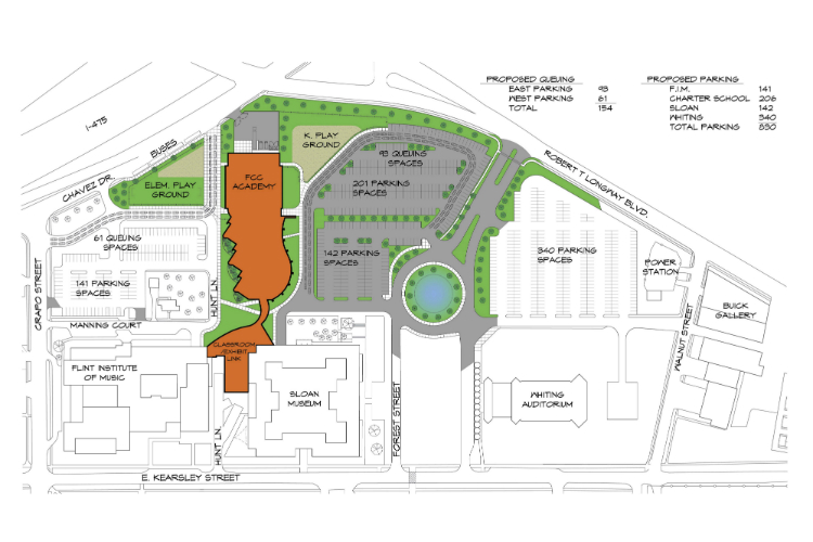 The site plan for the Flint Cultural Center Academy, being built on Flint's Cultural Center campus.