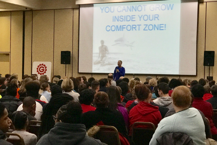 Motivational speaker Travis Thomas, and son of the Halo Burger Founder, returns to Flint for the GearUp for Success summit of 800 Genesee County students. 