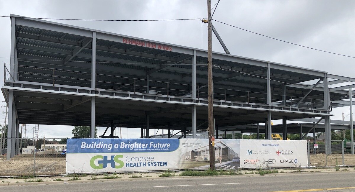 The view from Saginaw Street of construction progress on the new Center for Children’s Integrated Services.