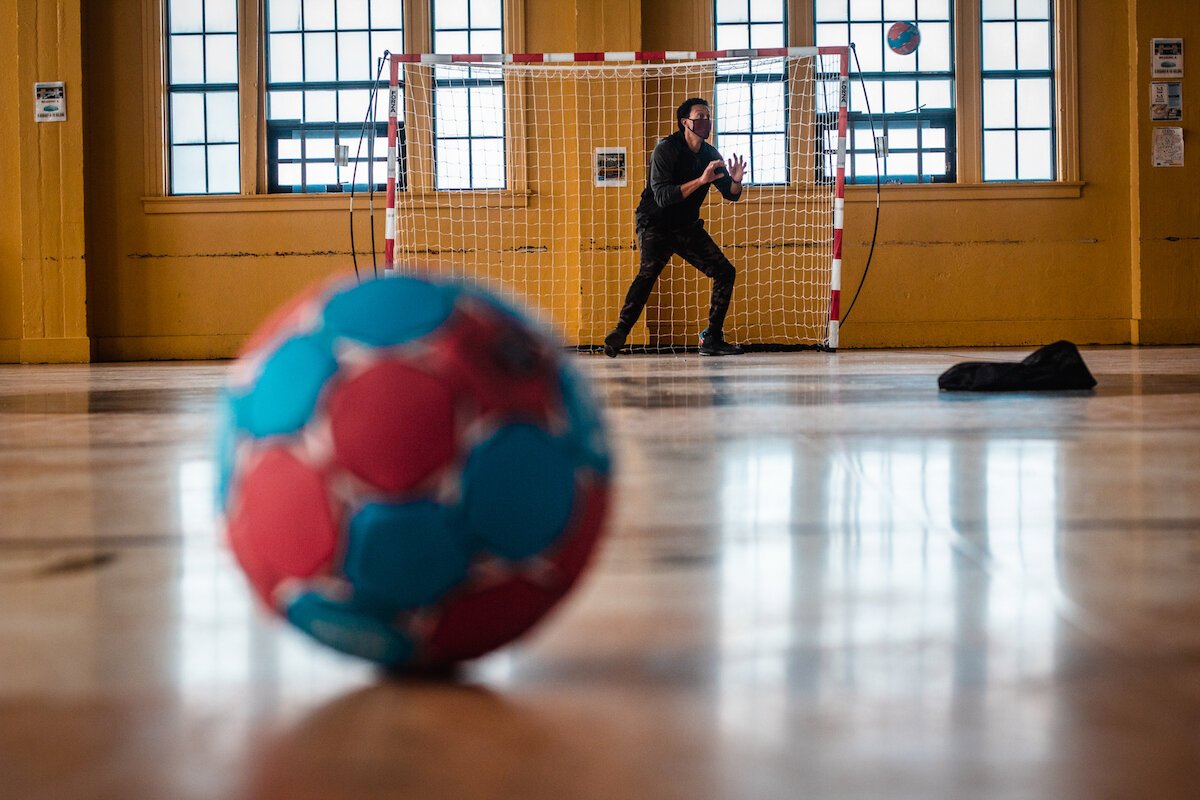 Brently Collins makes a save during Flint City HC practice at Berston Fieldhouse on February 6.