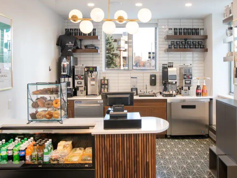 The market inside the hotel's lobby area is stocked with snacks, drinks, and healthy grab-and-go meals.