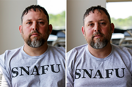 United States Marine Corps Veteran John Pullum poses for a portrait before (left) and after (right) receiving a booster ketamine infusion at Insight Institute of Neurosurgery and Neuroscience in Flint on Tuesday, May 30, 2023. 