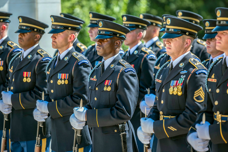 Soldiers from the U.S. Army Honor Guard at the Tomb of the Unknown Soldier in July 2018.