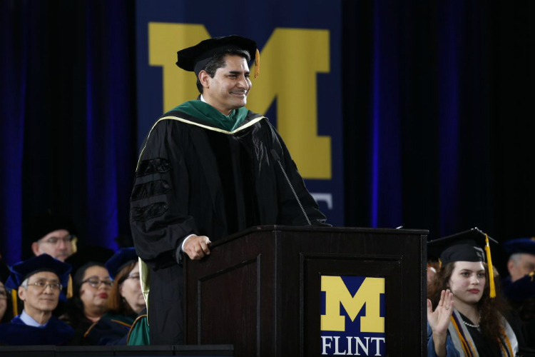 Dr. Bobby Mukkamala delivers the keynote address during UM-Flint's December 2018 commencement ceremony.