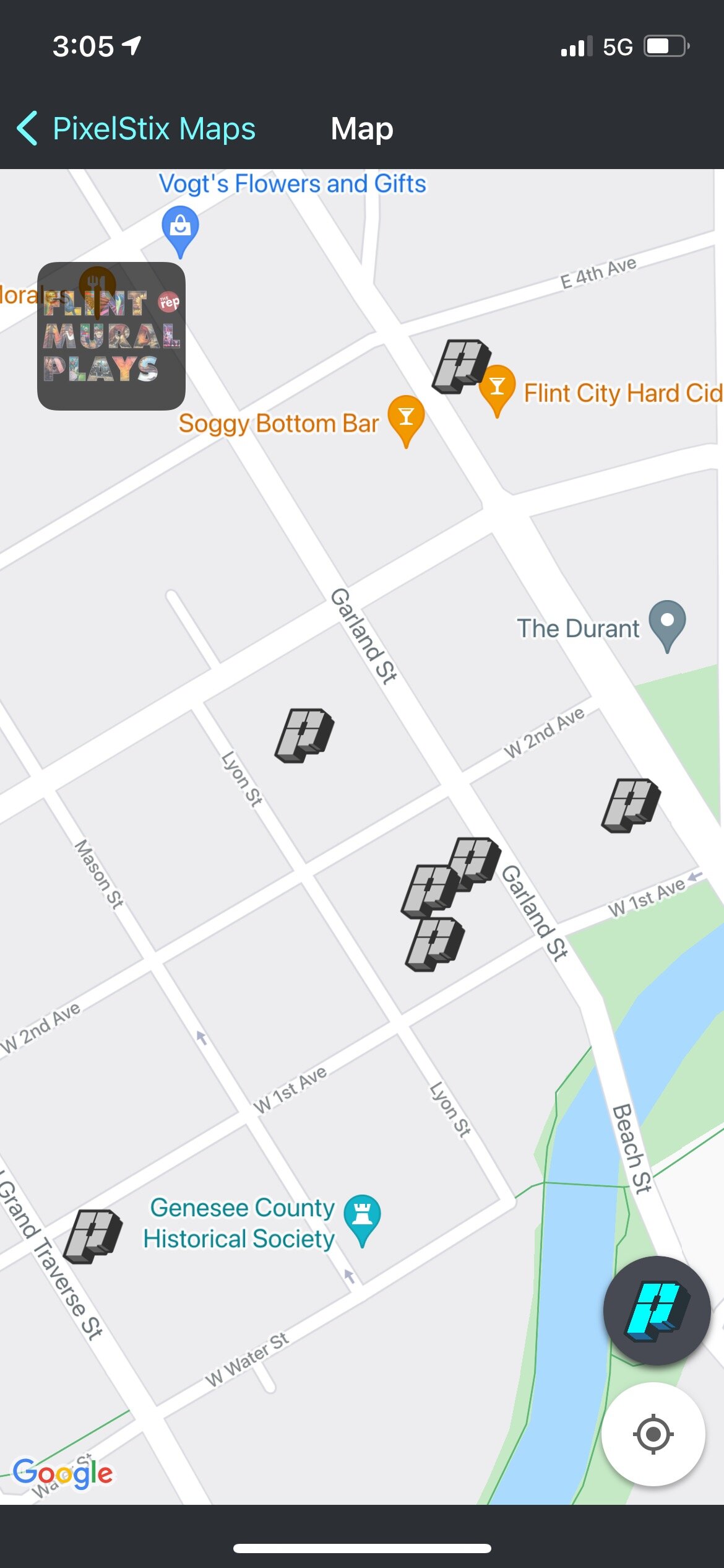 A screen grab of the map function showing locations of mural plays in the PixelStix app.
