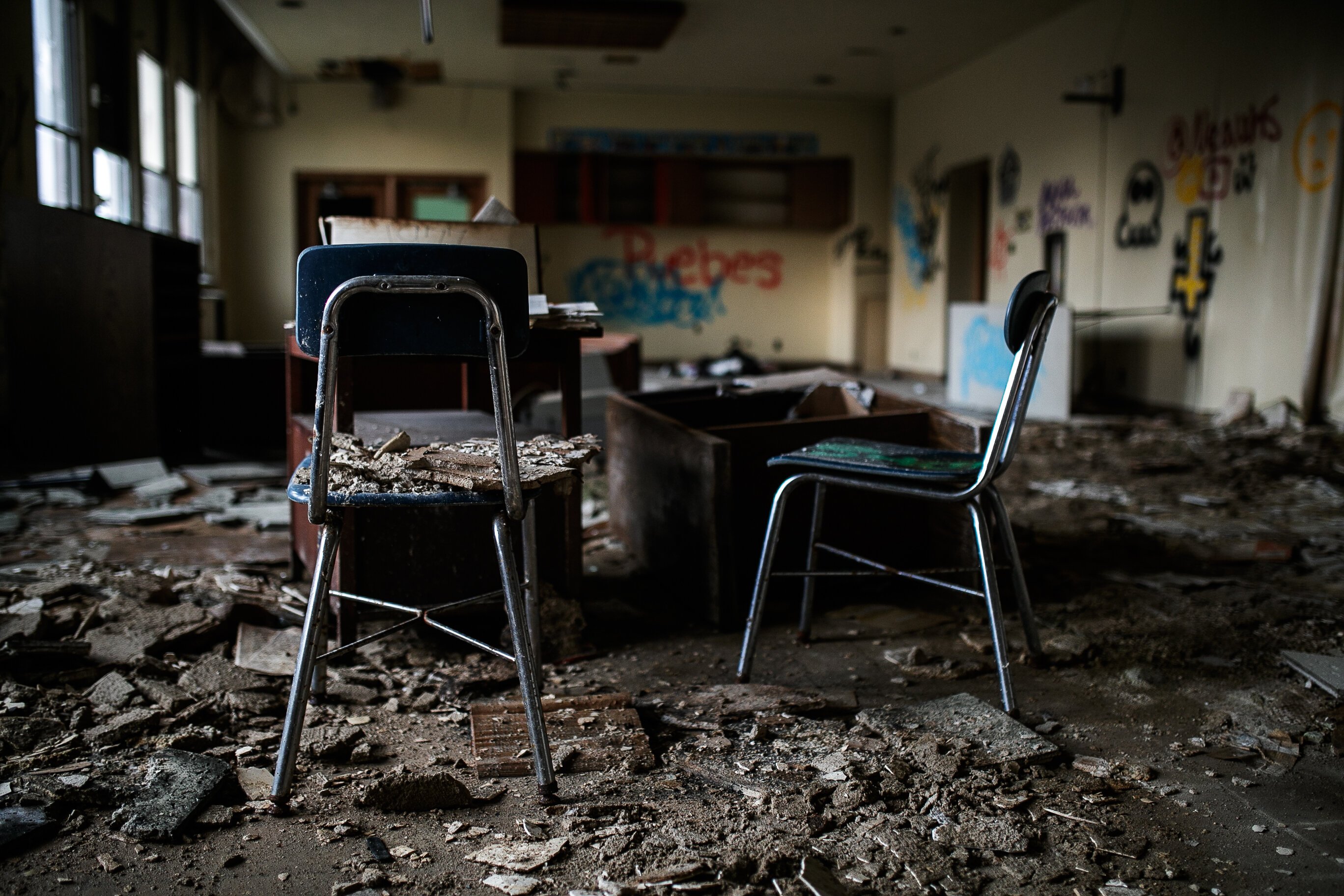 An abandoned classroom inside of Flint Central Highschool on September 14, 2021. Flint Central High School closed its doors in June 2009.