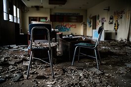 An abandoned classroom inside of Flint Central Highschool on September 14, 2021. Flint Central High School closed its doors in June 2009.
