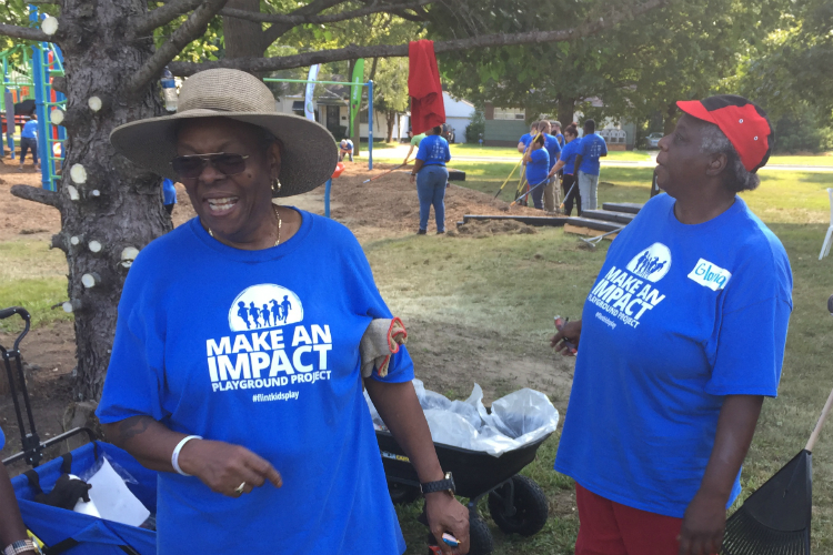 The atmosphere at the playground build was party-like and productive. 