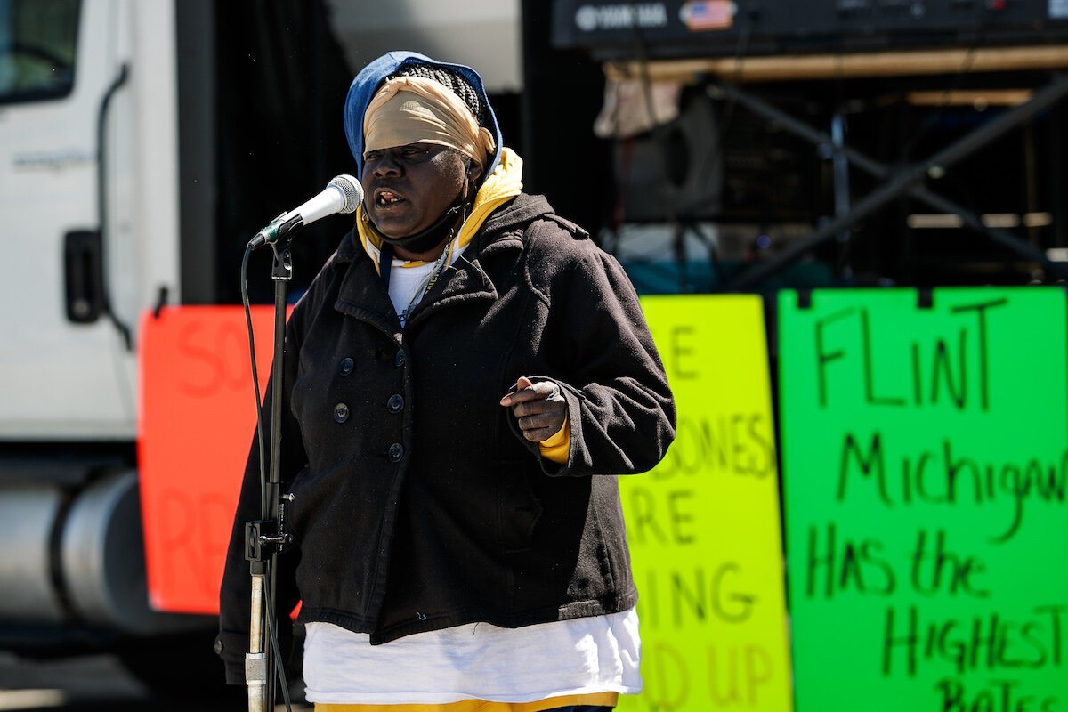 Resident Priscilla Wheeler speaks during an event commemorating the anniversary of the Flint water crisis on April 25.