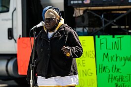 Resident Priscilla Wheeler speaks during an event commemorating the anniversary of the Flint water crisis on April 25.