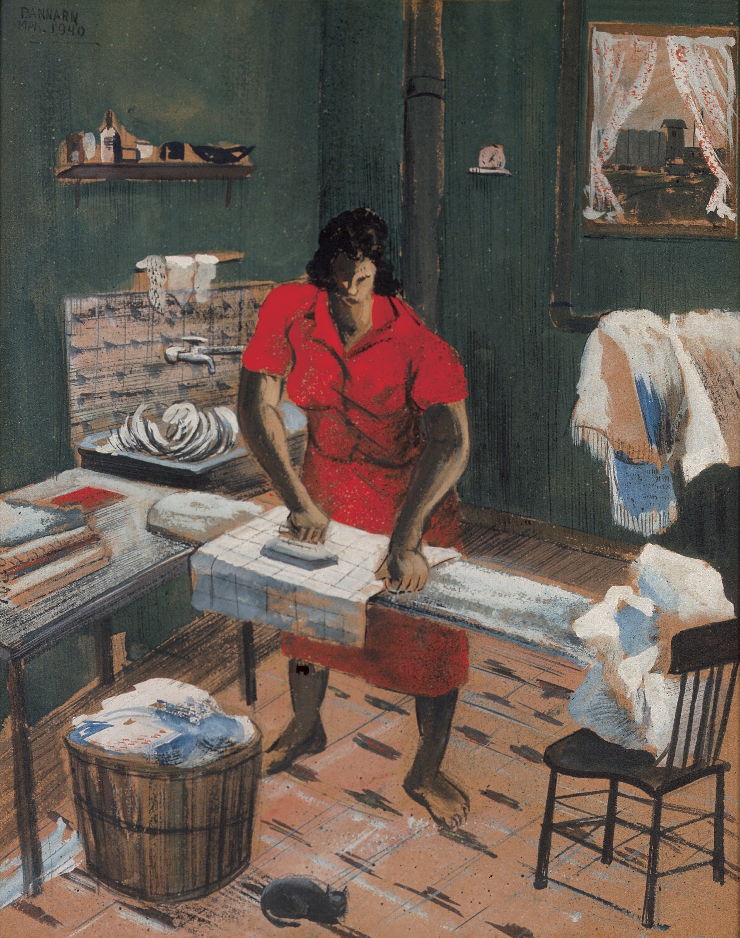 Henry Wilmer Bannarn, American, 1910 – 1965. Ironing Day, 1949. Gouache on board, 20 × 16 in. 