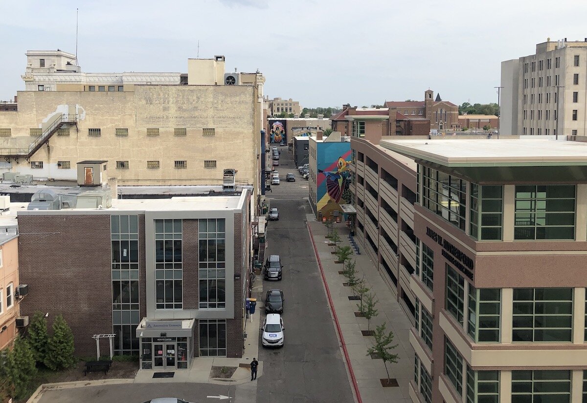 The view of Buckham Alley from Simmer Rooftop Lounge.