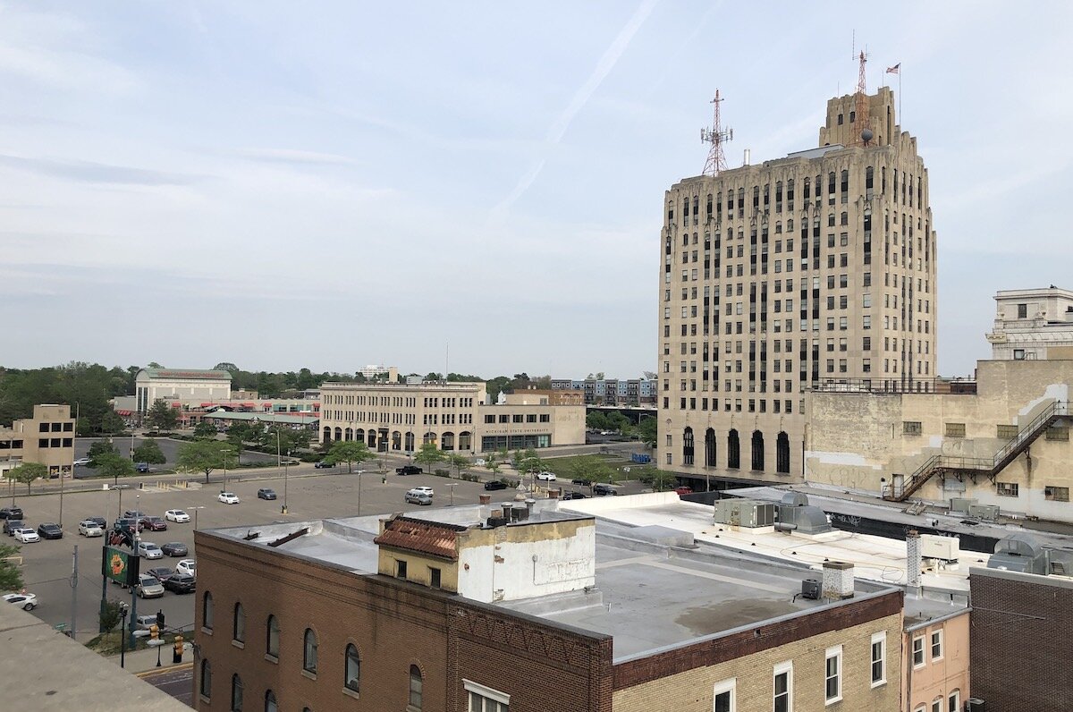 The view east, toward the Flint Farmer's Market, from Simmer Rooftop Lounge.