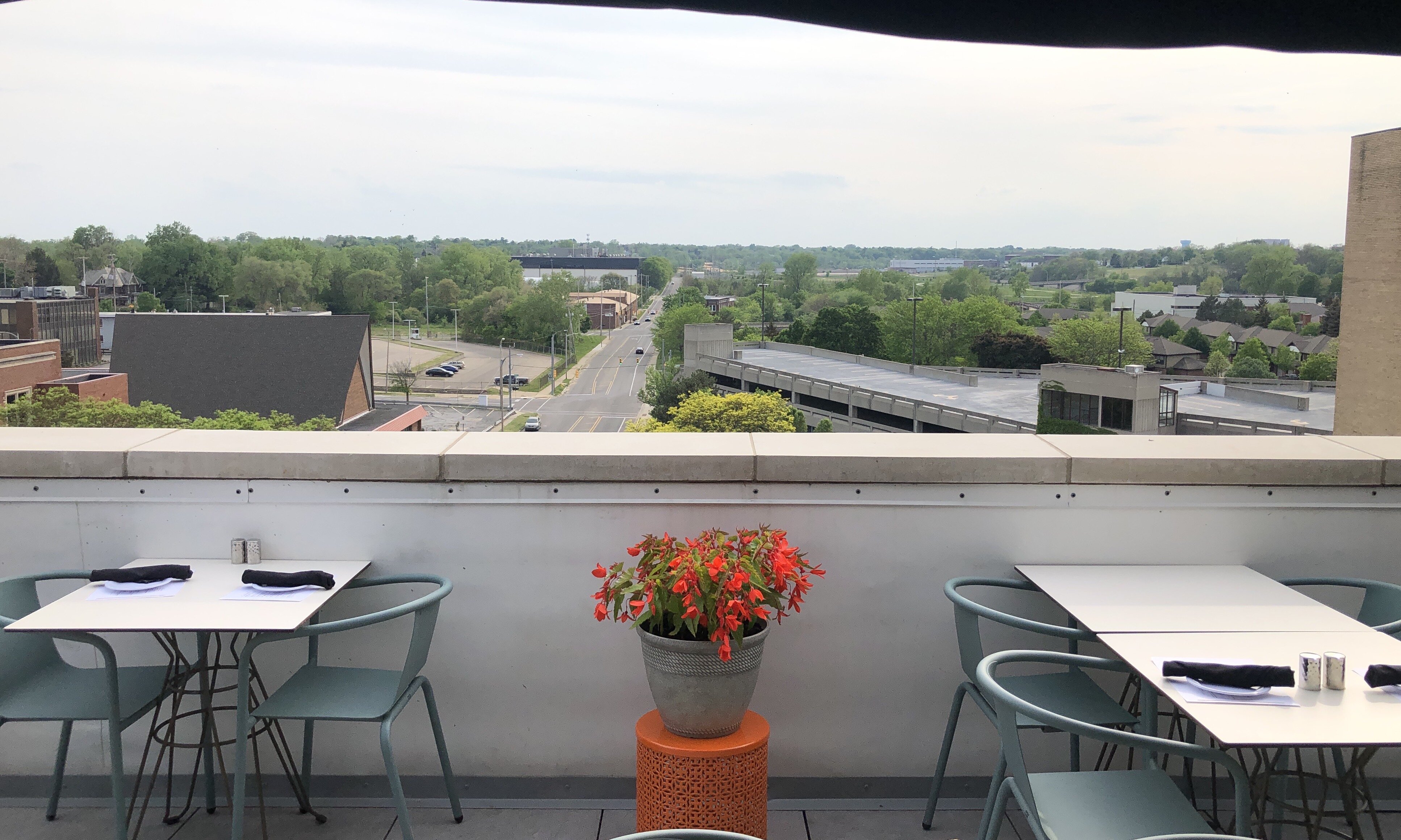 The view west from Simmer Rooftop Lounge, toward Kettering University.