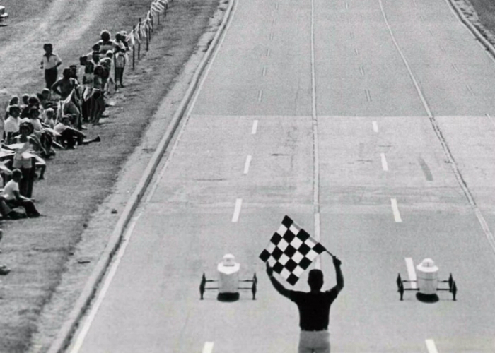 This image shows the finish line of a Soap Box Derby Race at Donald R. Cronin Soap Box Derby Downs behind Southwestern Academy.