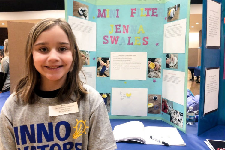 Ten-year-old innovator Jenna Swales of Dieck Elementary took inspiration from seeing a need to filter water at home and at school, creating an adjustable, adaptable filter for the Young Innovators Fair at Kettering University.
