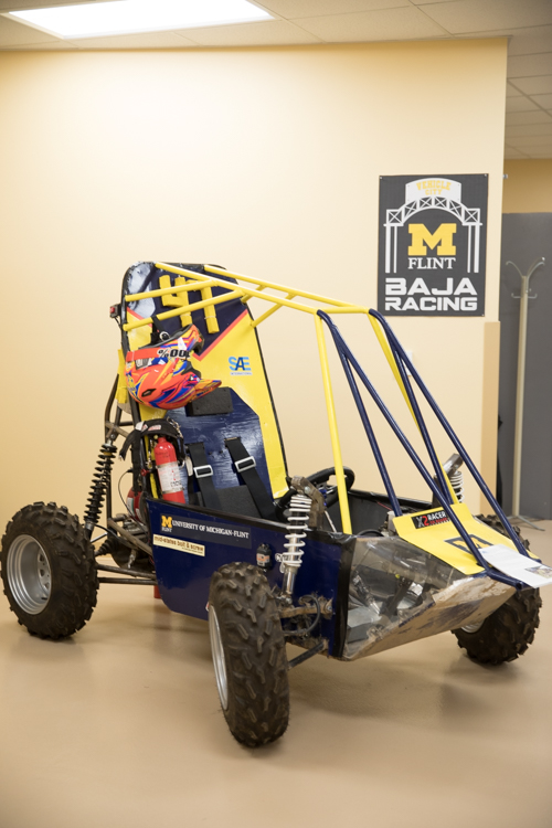 The Baja Racing Vehicle is built and designed by students in the Society of Automotive Engineering club. 