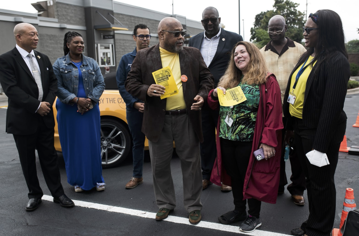 Community leaders, including Mayor Sheldon Neeley, State Rep. Cynthia Neeley,  and GCHD Director of Nursing Kimber VanSlyke-Smith speak to the media regarding the mobile vaccine clinic at McDonalds on Miller Road.